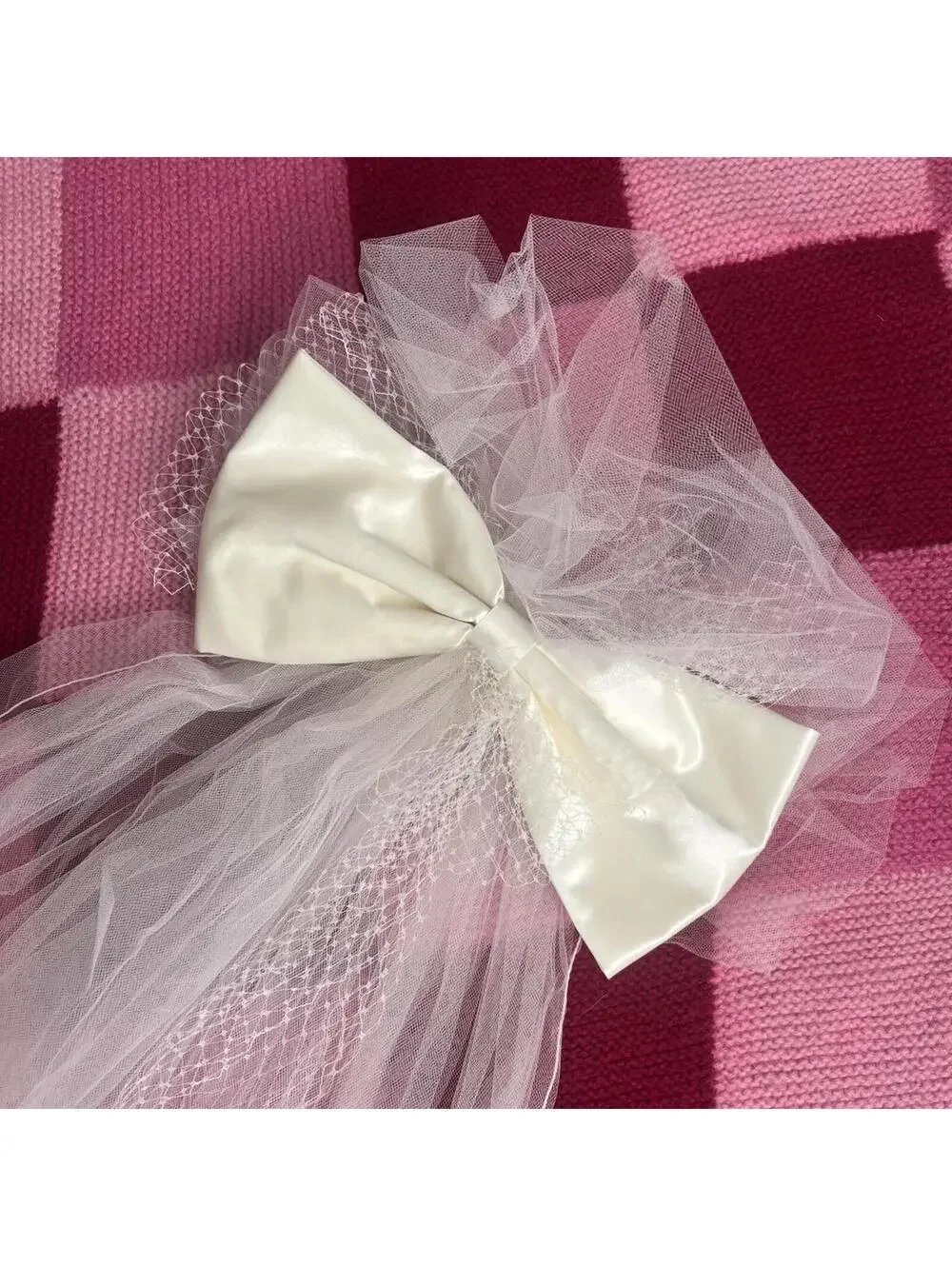 vintage bridal white bow tulle veil clip